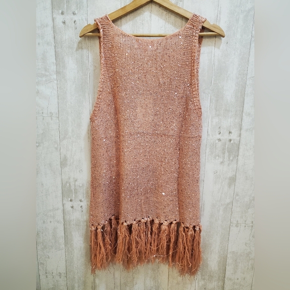 💚5/$25 NWT Pretty Angel Pink Crochet Knit Linen Blend Fringe Sequin Tank Small - Picture 4 of 7